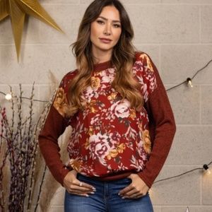 Floral Contrast Knit Sweater - Rust Floral